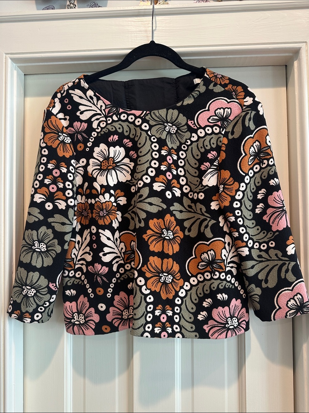H&M Black Floral Blouse with Pink and Rust Accents
